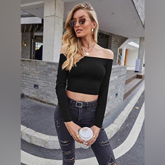 Elegant Black Off-Shoulder Cropped Women's Top XS Super Soft Modal - Picture 4 of 8